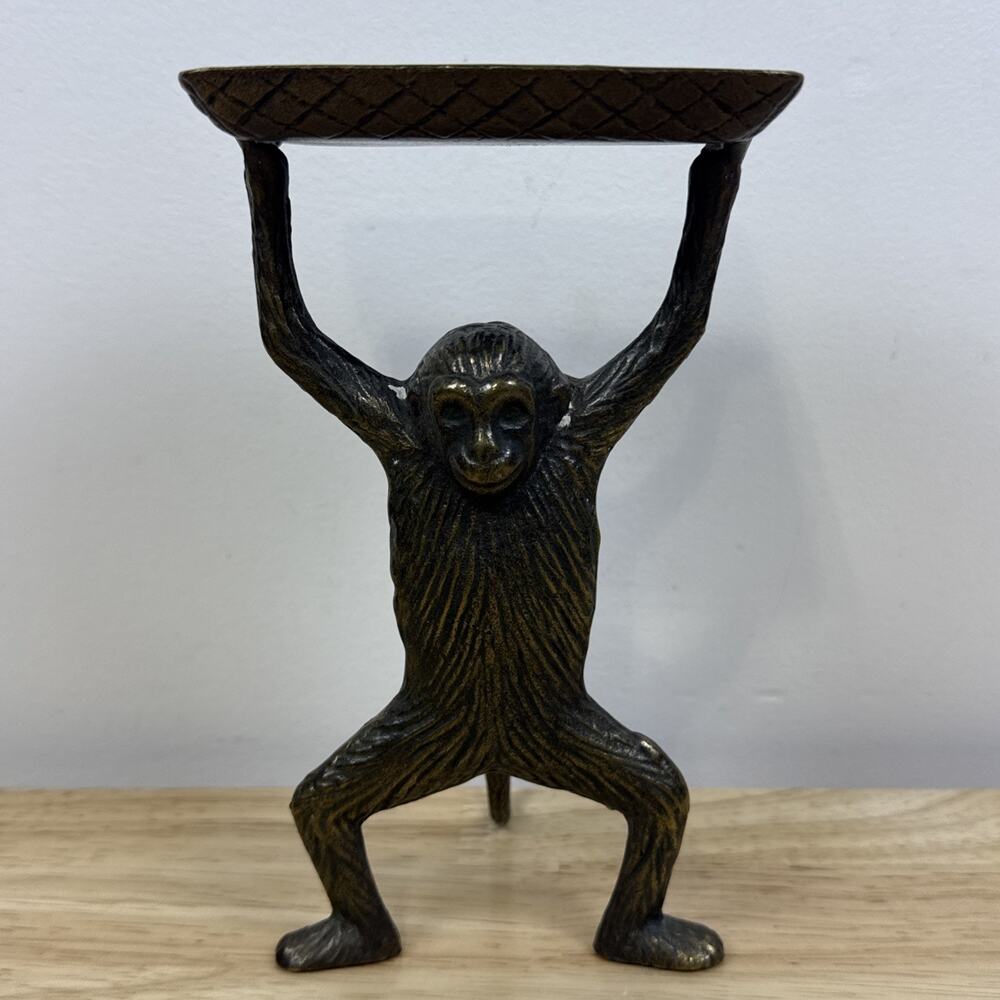 Vintage Brass Monkey Tray Art Deco Standing Figural Soap or Card Stand Holder 7”